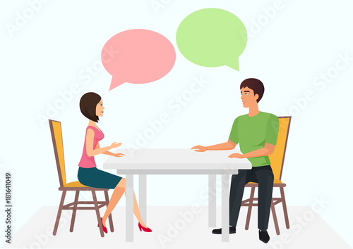 Young man and woman are sitting at the table and have conversation. Male female talking dialogue chats. Vector illustration