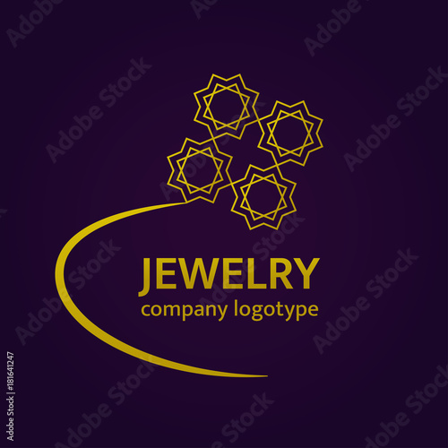 Jewelry logo design. Gold ring logotype. Luxury vector arabic icon. Elegant golden jewellery element on a dark background. Geometric emblem for goldsmith brand, company name, jewelry salon, boutique
