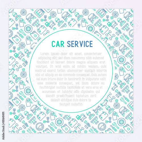 Car service concept with thin line icons of mechanic, computer diagnostics, tools, wheel, battery, transmission, jack. Modern vector illustration for banner, web page, print media.