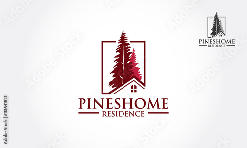 Pines Home Residence Logo Template. Vector illustration of pines tree that incorporate with house picture, it's good for real estate logo, it's try to symbolize residence or real estate. 
