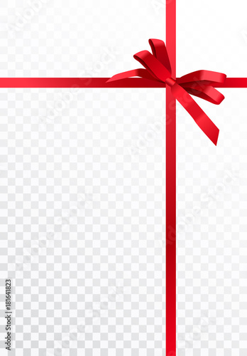 Vector realistic gift wrapping design with shiny red ribbons and bow isolated on transparent background