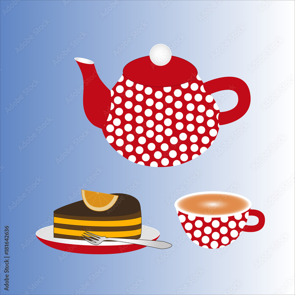 A teapot with a cup of tea and a cake.