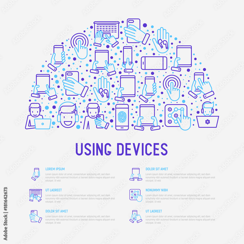 Using devices concept in half circle with thin line icons: gadget, tablet in hands, touchscreen, fingerprint, laptop, wireless headphones. Modern vector illustration for banner, web page, print media. Using devices concept in half circle with thin line icons: gadget, tablet in hands, touchscreen, fingerprint, laptop, wireless headphones. Modern vector illustration for banner, web page, print media.