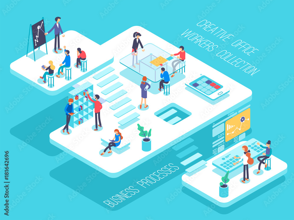 People work in a team and achieve the goal. Startup concept. Launch a new product on a market. Isometric illustration. People work in a team and achieve the goal. Startup concept. Launch a new product on a market. Isometric illustration.
