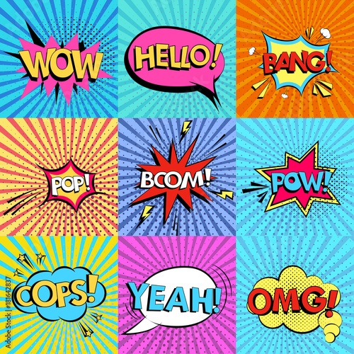Set of comic speech bubbles with text Wow, Omg, boom, Hello, Yeah, bang, oops, pop, pow on background. Pop art style vector.