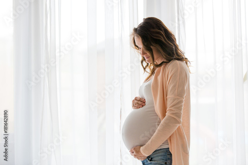 Portrait of young pregnant attractive woman, standing by the window