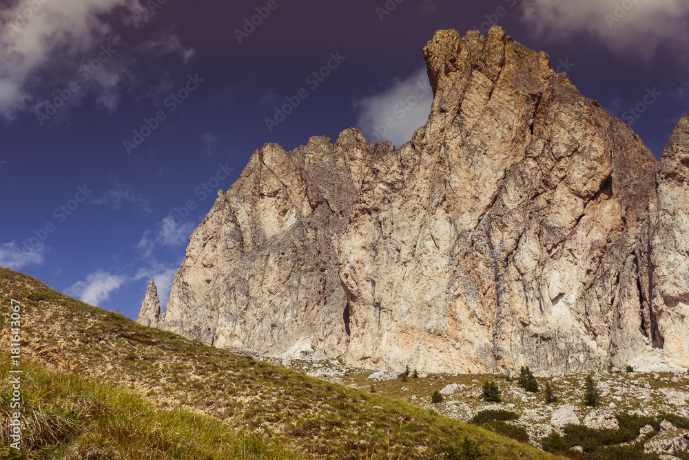 Beautiful vertical dolomitic pinnacles and crest of Mount Settsass, Valparola Pass, Dolomites, Italy