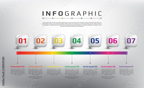 Horizontal timeline info graphic. 7 parts concept. Can be used for workflow layout, banner, number options, step up options, diagram, web design. Vector illustration. Eps10.