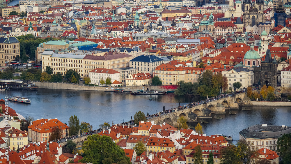 Aerial view of the Old Town architecture with red roofs in Prague , Czech Republic. Vltava river. old town panorama , Czech republic.