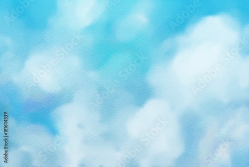 Abstract white clouds and blue sky on watercolor paper style texture. Digital painting.