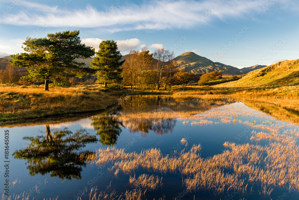 Beautiful golden evening light on an Autumnal evening at Kelly Hall Tarn in the English Lake District.