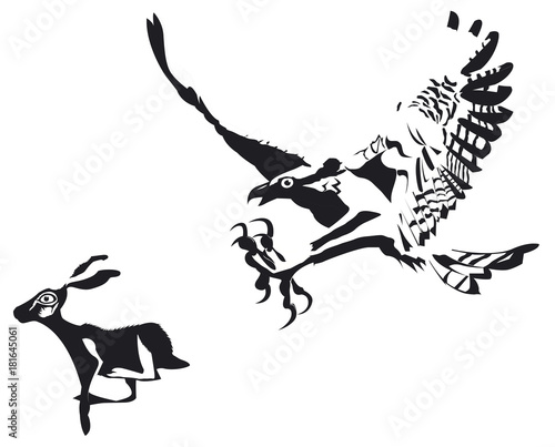 Aigle en noir et blanc chassant un lapin