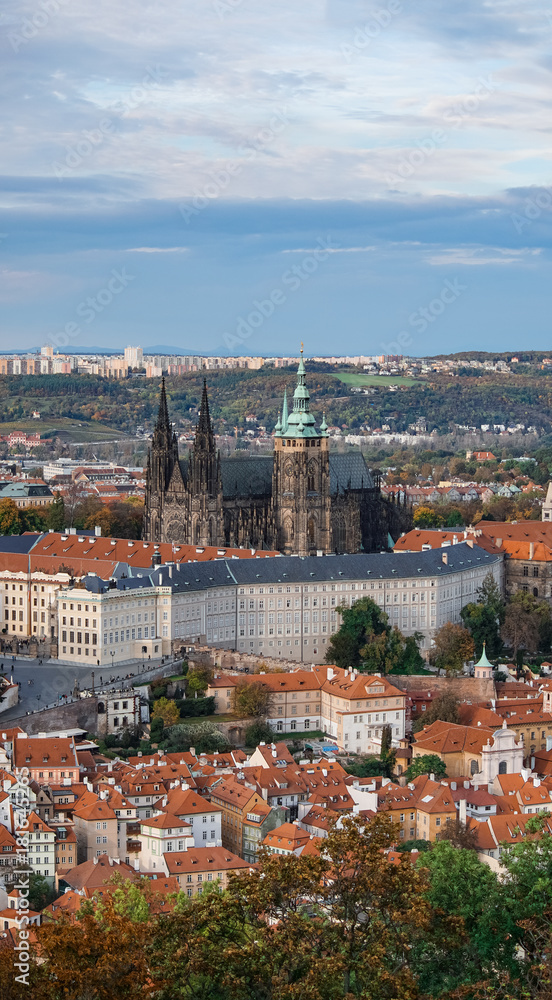 Aerial view of the Old Town architecture with red roofs in Prague , Czech Republic. St. Vitus Cathedral in Prague.