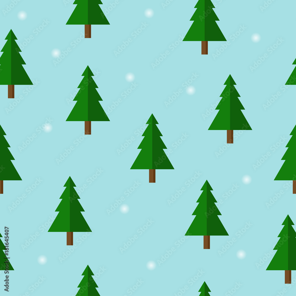 Seamless pattern of Christmas trees and snowflake on blue background using for postcards, greeting, advertisement, cover, gift packaging, web design template, Winter holidays repeating design concept.