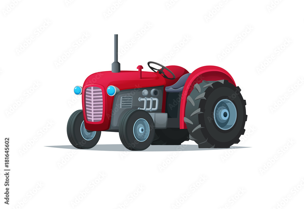 Red cartoon tractor isolated on white background. Heavy agricultural machinery for field work Red cartoon tractor isolated on white background. Heavy agricultural machinery for field work