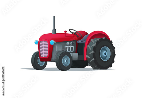 Red cartoon tractor isolated on white background. Heavy agricultural machinery for field work photo