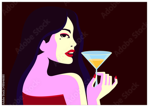 Glamorous fashion woman holding martini glass cocktail drink in evening red dress minimal flat design vector nightlife party illustration