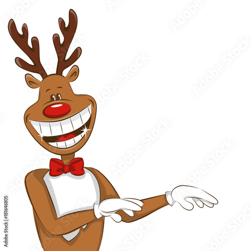 Illustration with cartoon Christmas deer.  It's greet you and congratulate you on Christmas. Vector for you design. Isolated. 