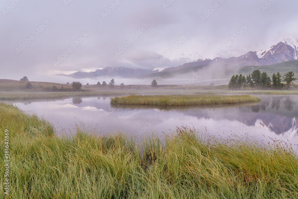 lake mist mountains reflection dawn