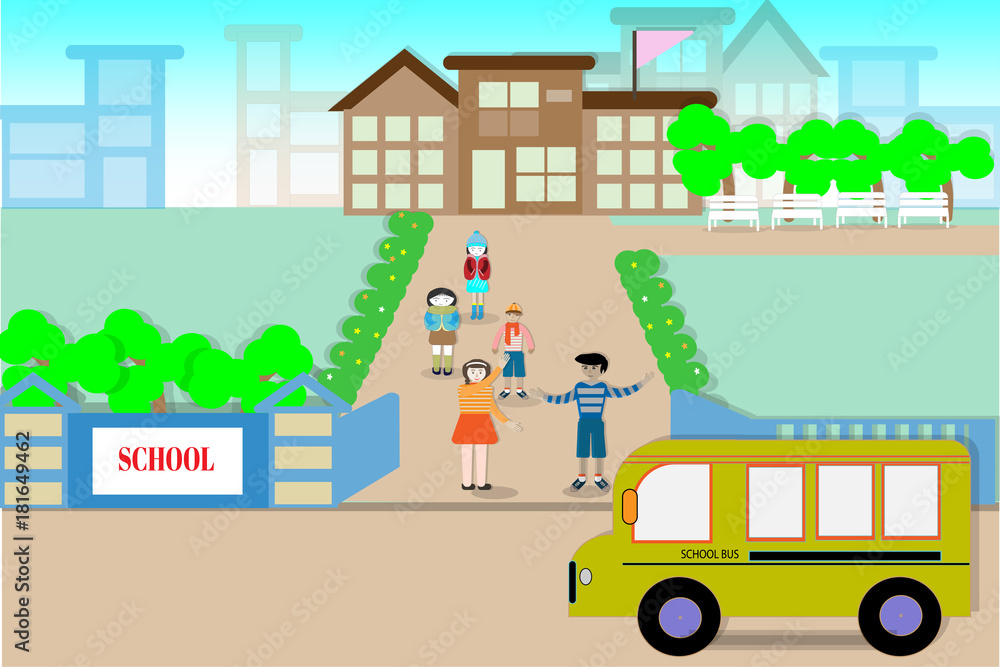 School buildings and students on the opening day - Vector illustration. School buildings and students on the opening day - Vector illustration.
