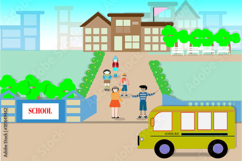 School buildings and students on the opening day - Vector illustration.