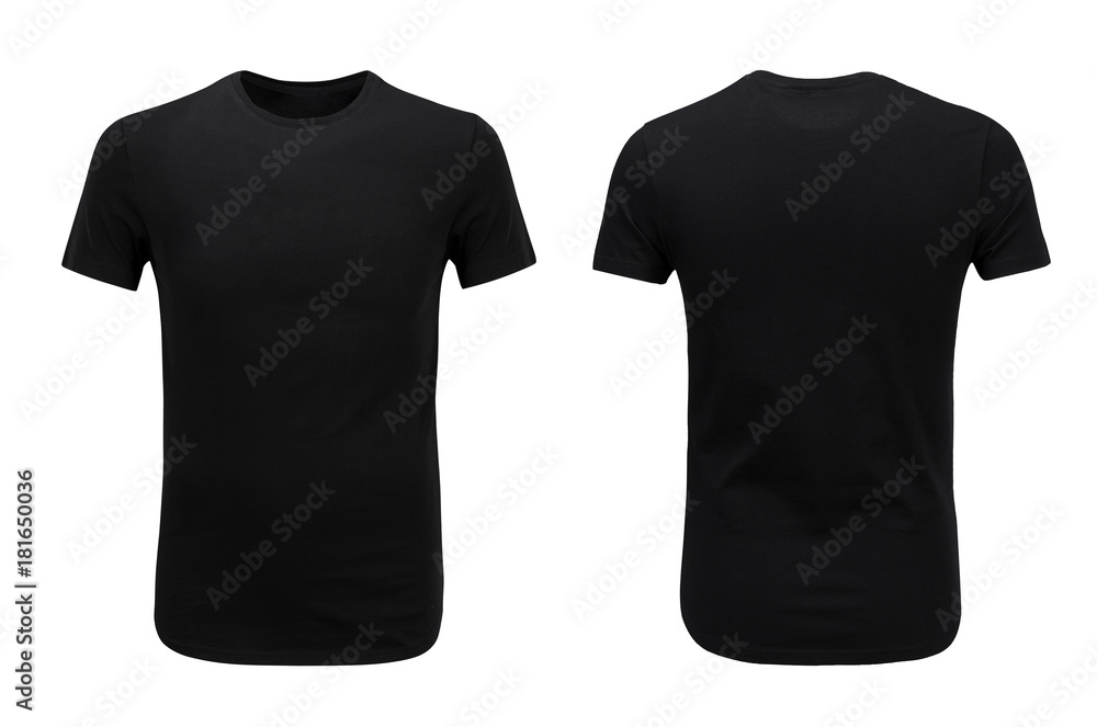 Front and back views of black t-shirt on white background Stock Photo ...