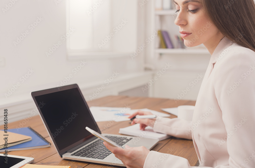 Business woman using phone with blank screen Business woman using phone with blank screen