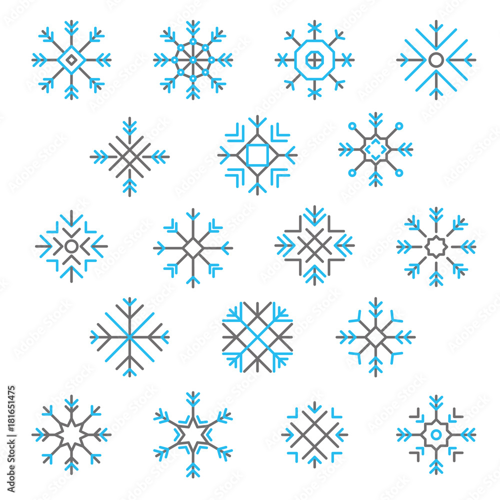 Flat design line snowflakes vector Christmas, Winter and new year decoration element icons set.