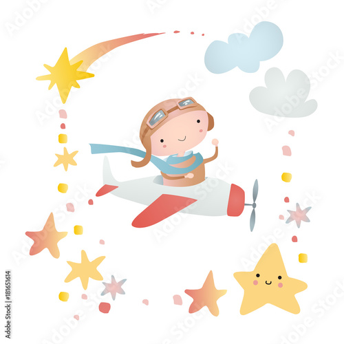 Holiday card design. Baby shower. Pilot on the plane flying in the sky.