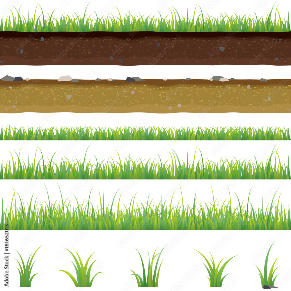 Set of seamless horizontal pattern with grass and soil - obrazy, fototapety, plakaty 