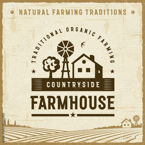 Vintage Countryside Farmhouse Label. Editable EPS10 vector illustration in retro woodcut style with clipping mask and transparency.