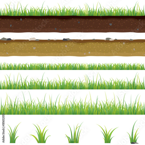Set of seamless horizontal pattern with grass and soil