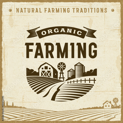 Vintage Organic Farming Label. Editable EPS10 vector illustration in retro woodcut style with clipping mask and transparency.