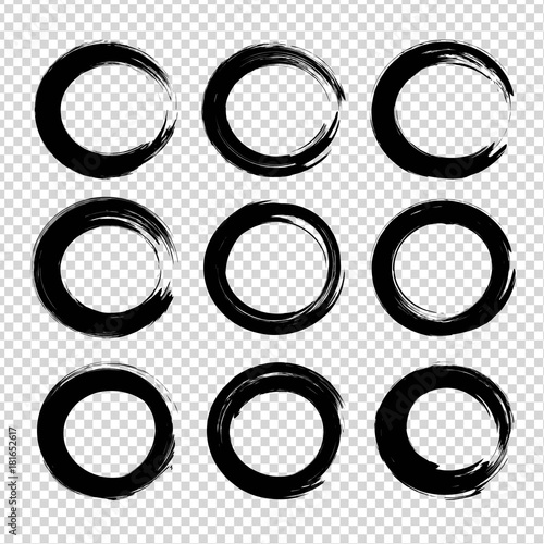 Textured circle strokes thick black paint  set  isolated on imitation transparent background
