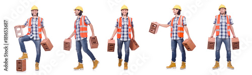 The builder with clay bricks isolated on white