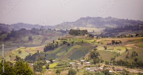 Mountains  farms  and houses in the highlands of Ethiopia