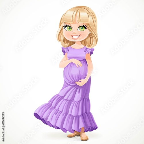 Beautiful pregnant blond woman in violet long dress hugging big belly with hands standing on white background