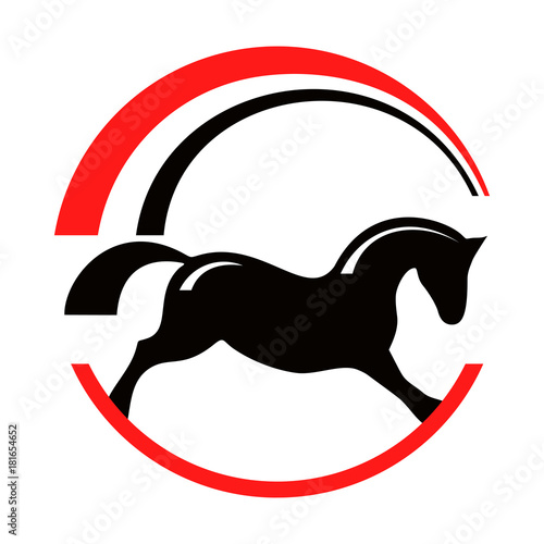 Horse pony equestrian sport silhouette logo. Rocking horse with rainbow. Vector red black round emblem.