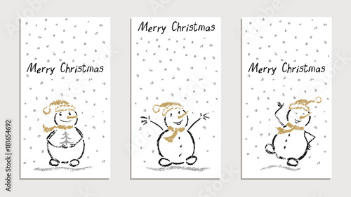 Like kid`s hand drawn cards set with merry christmas funny smiling snowman with falling snowflakes. Gold silver color. Vector crayon or pencil comic characters. Like child`s painting background.