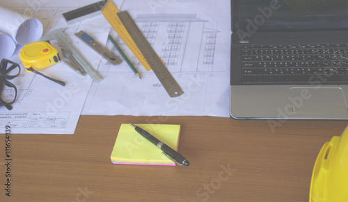 Architectural Office desk background construction project ideas concept, With drawing equipment