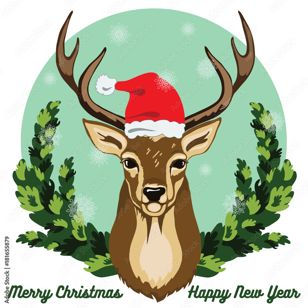 Fototapeta premium Merry Christmas and New Year greeting card with deer.