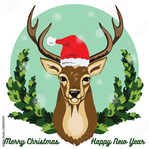 Merry Christmas and New Year greeting card with deer.