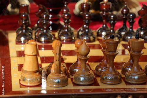Old wooden chess in the starting position