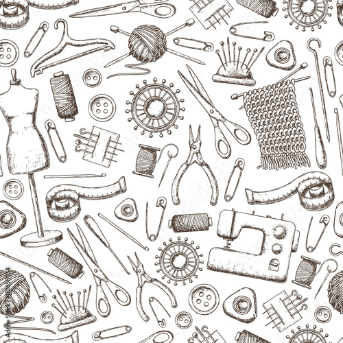 Seamless pattern of tools for needlework and sewing. Handmade equipment and needlework accessoriesy, sketch illustration. Vector