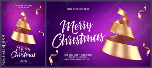 Christmas card or flyer and poster template with golden christmas tree made of ribbon