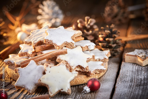 Christmas background with table of cinnamon cookies