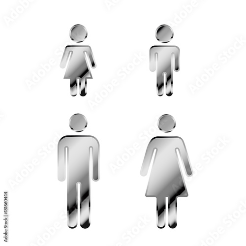 Glossy shiny silver metal man and woman with boy and girl symbols, family icon set on white