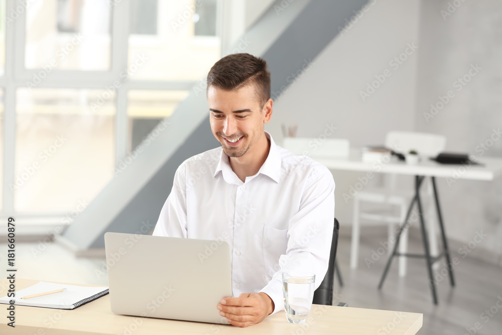 Attractive man with laptop in office Attractive man with laptop in office