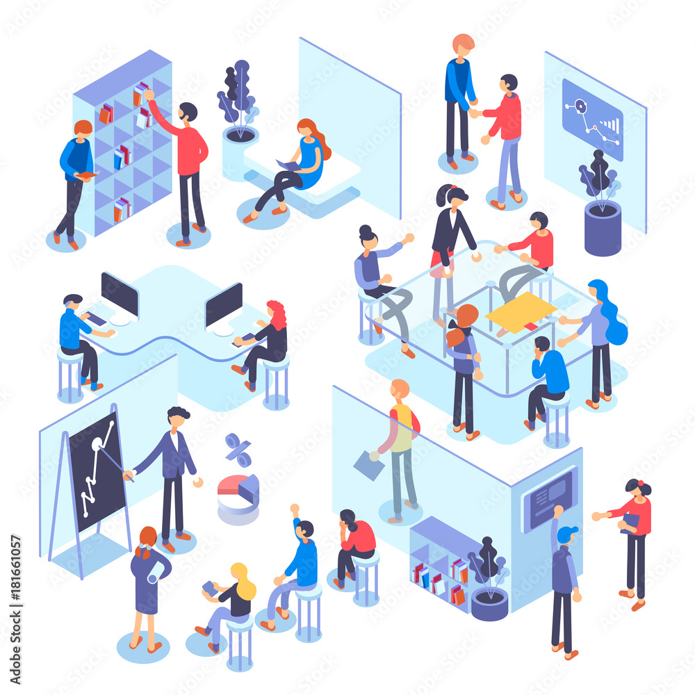 People work in a team and achieve the goal. Business processes and office situations. Isometric illustration. People work in a team and achieve the goal. Business processes and office situations. Isometric illustration.
