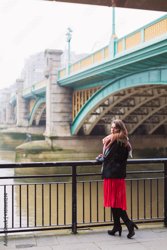 The young elegant pretty woman standing outdoor by the river and relying on railings